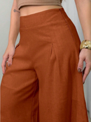 Calça Feminina de Linho Pantalona  com Zíper Lateral e Forro Marrom