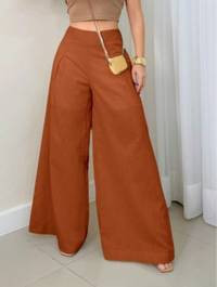 Calça Feminina de Linho Pantalona  com Zíper Lateral e Forro Marrom