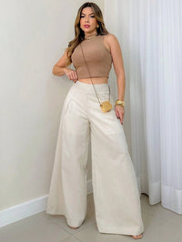 Calça Feminina de Linho Pantalona  com Zíper Lateral e Forro Off White