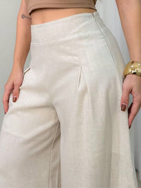 Calça Feminina de Linho Pantalona  com Zíper Lateral e Forro Off White