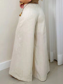 Calça Feminina de Linho Pantalona  com Zíper Lateral e Forro Off White