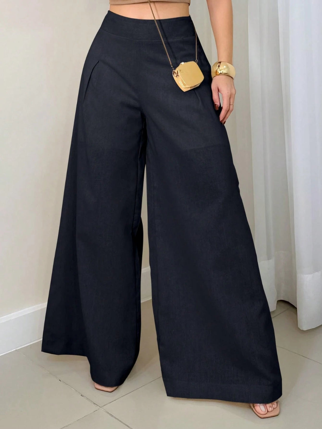 Calça Feminina de Linho Pantalona  com Zíper Lateral e Forro Off White Preta