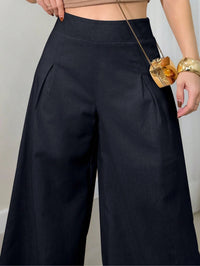 Calça Feminina de Linho Pantalona  com Zíper Lateral e Forro Preta