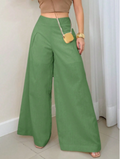 Calça Feminina de Linho Pantalona  com Zíper Lateral e Forro Verde