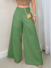 Calça Feminina de Linho Pantalona  com Zíper Lateral e Forro Verde