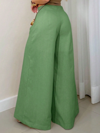 Calça Feminina de Linho Pantalona  com Zíper Lateral e Forro Verde