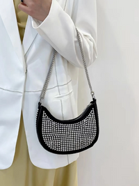 Bolsa meia lua com strass cravejado tiracolo de ombro alça corrente