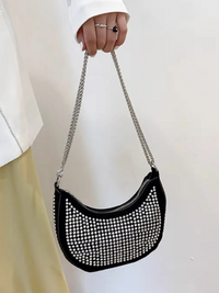 Bolsa meia lua com strass cravejado tiracolo de ombro alça corrente