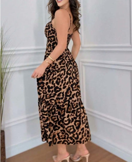 Vestido Longo De Alcinha Em Viscose Animal Print - Oncinha