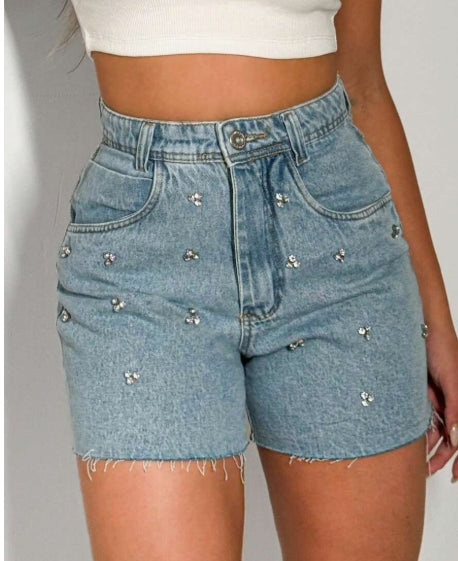 Short Jeans Feminino  Cintura Alta com brilho