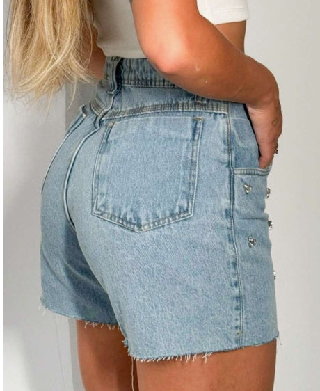 Short Jeans Feminino  Cintura Alta com brilho