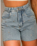 Short Jeans Feminino  Cintura Alta com brilho