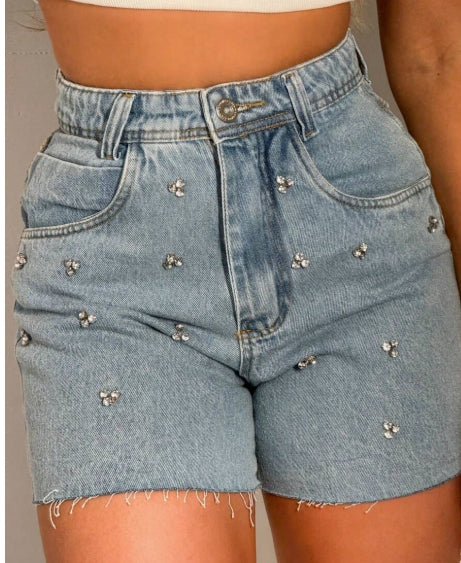 Short Jeans Feminino  Cintura Alta com brilho