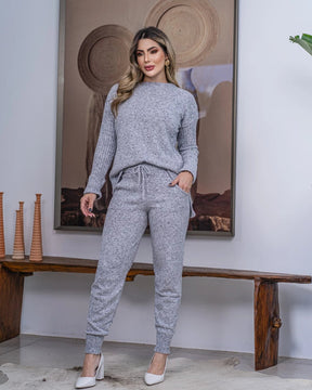 Conjunto Feminino Tricot Blusa Mullet e Calça com Punho 
