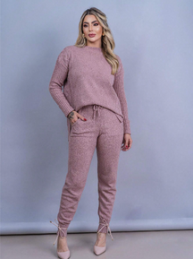 Conjunto Feminino Tricot Blusa Mullet e Calça com Punho 