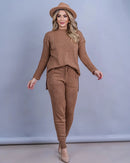 Conjunto Feminino Tricot Blusa Mullet e Calça com Punho 