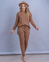 Conjunto Feminino Tricot Blusa Mullet e Calça com Punho 