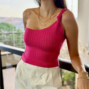 Cropped Feminino Ombro Solitário e Detalhe em Nó em Tricot Modal Pink