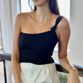 Cropped Feminino Ombro Solitário e Detalhe em Nó em Tricot Modal Preto