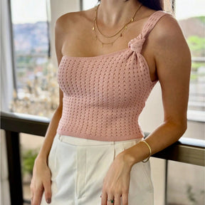 Cropped Feminino Ombro Solitário e Detalhe em Nó em Tricot Modal Rosê