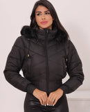 Jaqueta Feminina Puffer Curta Impermeável Pelúciada com Capuz Removível Preta
