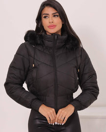 Jaqueta Feminina Puffer Curta Impermeável Pelúciada com Capuz Removível Preta