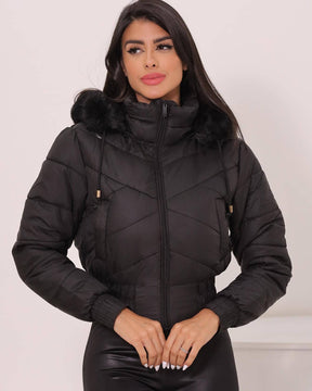Jaqueta Feminina Puffer Curta Impermeável Pelúciada com Capuz Removível Preta
