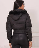 Jaqueta Feminina Puffer Curta Impermeável Pelúciada com Capuz Removível 