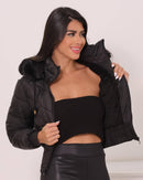 Jaqueta Feminina Puffer Curta Impermeável Pelúciada com Capuz Removível 
