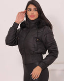 Jaqueta Feminina Puffer Curta Impermeável Pelúciada com Capuz Removível  Preta
