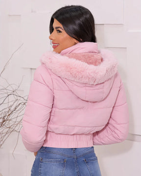 Jaqueta Feminina Puffer Curta Impermeável Pelúciada com Capuz Removível Rosa