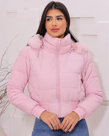 Jaqueta Feminina Puffer Curta Impermeável Pelúciada com Capuz Removível Preta rosa
