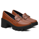 Mocassim Feminino Oxford Salto Bloco Medio Tratorado Confort Brilho Marrom