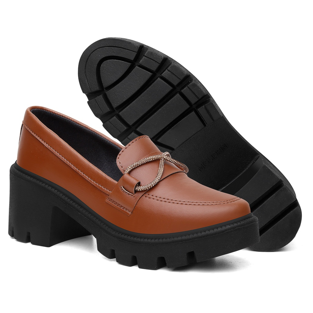 Mocassim Feminino Oxford Salto Bloco Medio Tratorado Confort Brilho Marrom