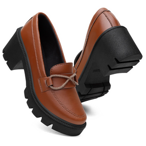 Mocassim Feminino Oxford Salto Bloco Medio Tratorado Confort Brilho Marrom