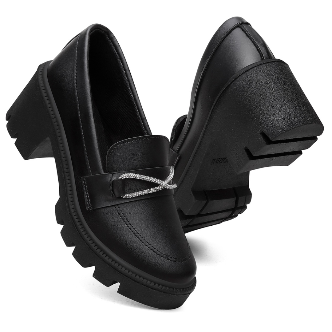Mocassim Feminino Oxford Salto Bloco Medio Tratorado Confort Brilho Preto