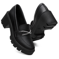 Mocassim Feminino Oxford Salto Bloco Medio Tratorado Confort Brilho Preto