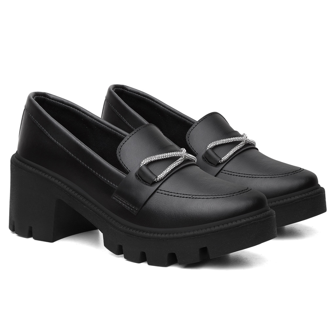 Mocassim Feminino Oxford Salto Bloco Medio Tratorado Confort Brilho Preto
