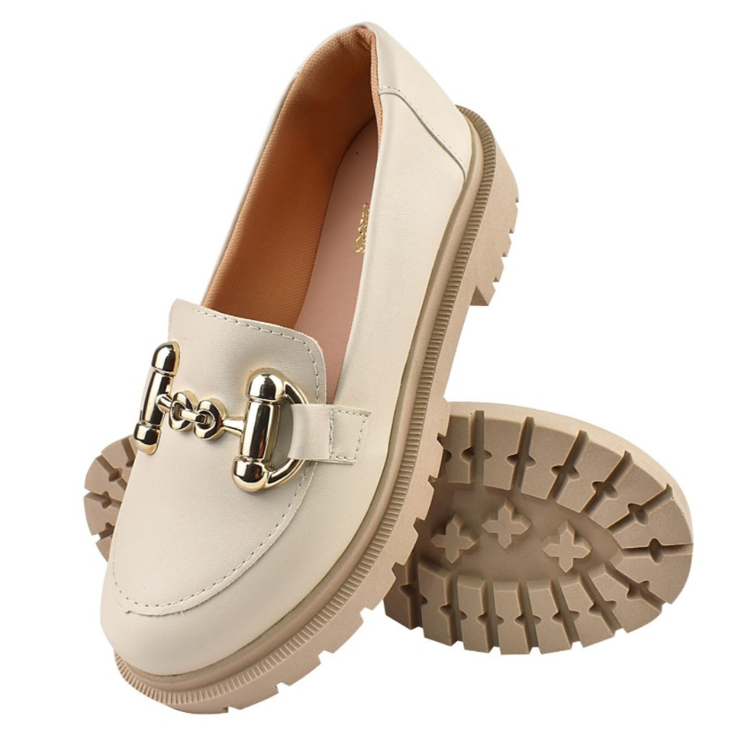 Mocassim Feminino Sola Tratorada Oxford Plataforma Leve e Confortável Off White