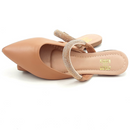Mule Feminino Bico Fino com Tira em Strass Bege
