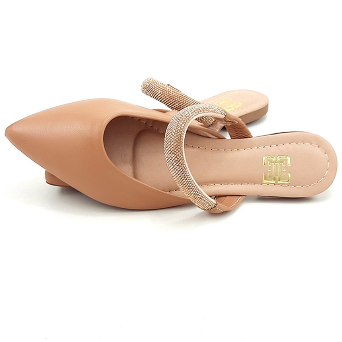 Mule Feminino Bico Fino com Tira em Strass Bege