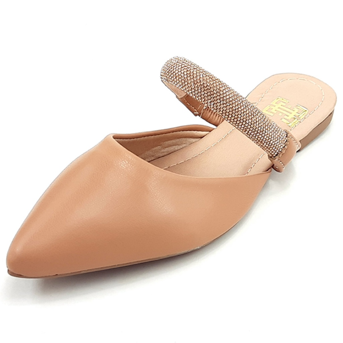 Mule Feminino Bico Fino com Tira em Strass Bege