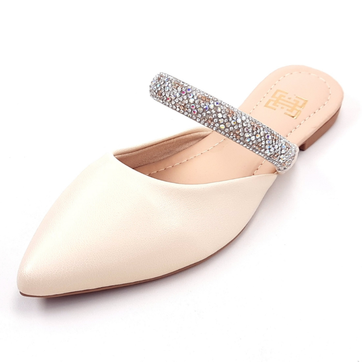 Mule Feminino Bico Fino com Tira em Strass Off White