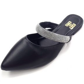 Mule Feminino Bico Fino com Tira em Strass Preto