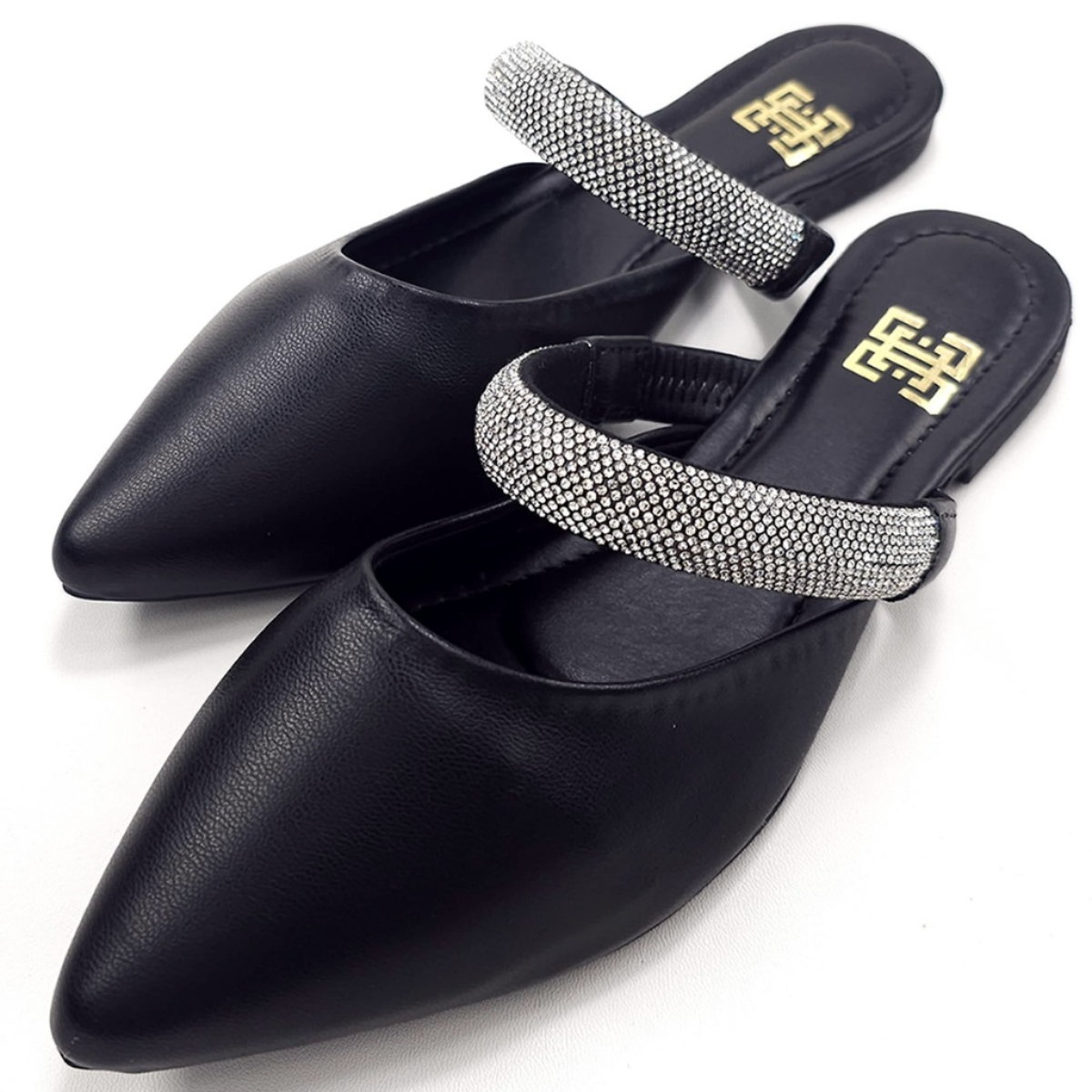 Mule Feminino Bico Fino com Tira em Strass Preto