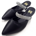 Mule Feminino Bico Fino com Tira em Strass Preto