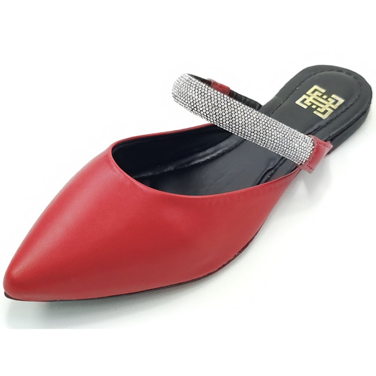 Mule Feminino Bico Fino com Tira em Strass Vermelho