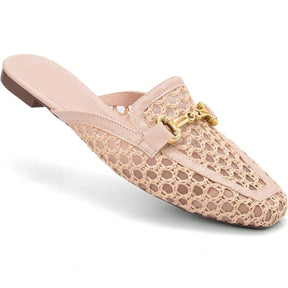 Mule Feminino Bico Quadrado Material Natural e Enfeite Dourado Bege