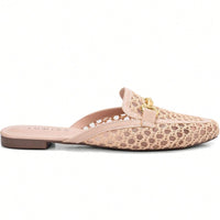 Mule Feminino Bico Quadrado Material Natural e Enfeite Dourado Bege