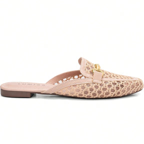 Mule Feminino Bico Quadrado Material Natural e Enfeite Dourado Bege